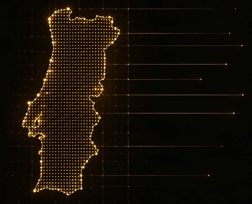 Mapa de Portugal continental em pontos dourados